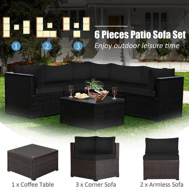 Alt view image 6 of 7 - Costway  6PCS Patio Rattan Furniture Set Sectional Cushioned Sofa Deck Black