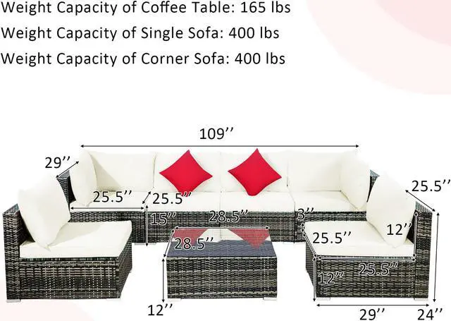 Alt view image 4 of 7 - Costway 7PCS Patio Rattan Furniture Set Sectional Sofa Garden White Cushion