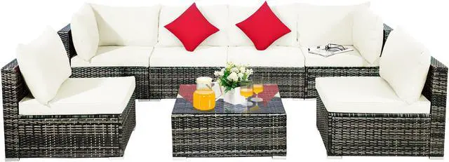 Alt view image 3 of 7 - Costway 7PCS Patio Rattan Furniture Set Sectional Sofa Garden White Cushion
