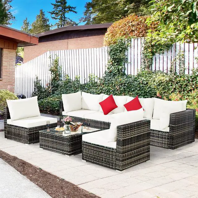 Alt view image 2 of 7 - Costway 7PCS Patio Rattan Furniture Set Sectional Sofa Garden White Cushion