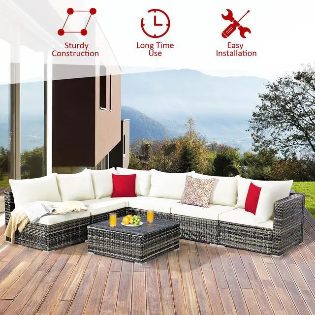 Alt view image 5 of 7 - Costway 7PCS Patio Rattan Furniture Set Sectional Sofa Garden White Cushion