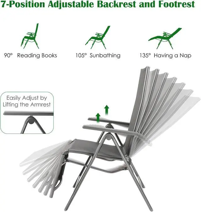 Alt view image 4 of 7 - Costway Outdoor Foldable Reclining Chair Aluminum Frame 7-Position Adjustable