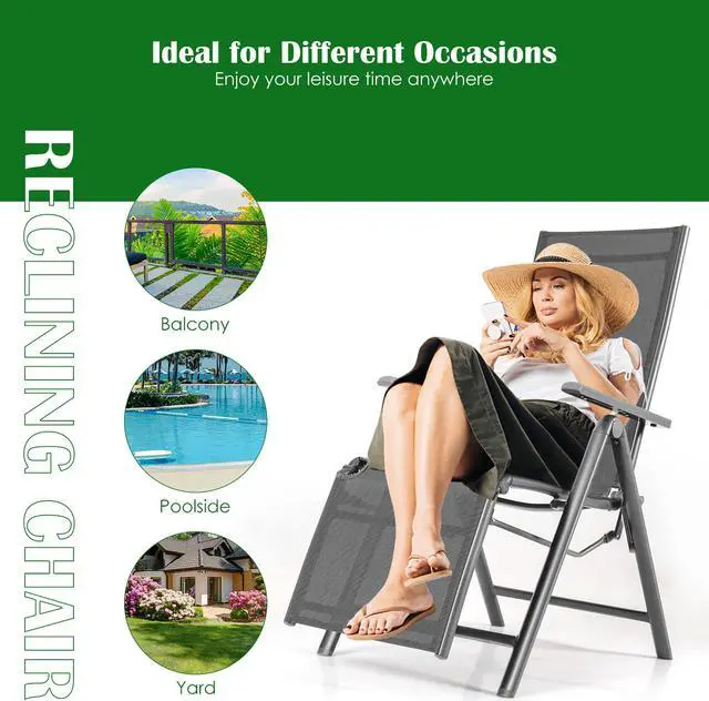 Alt view image 6 of 7 - Costway Outdoor Foldable Reclining Chair Aluminum Frame 7-Position Adjustable