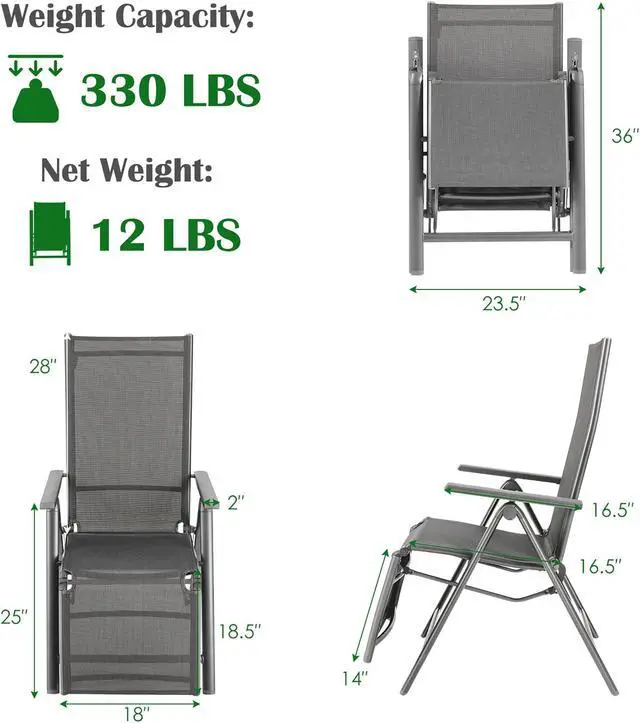 Alt view image 3 of 7 - Costway Outdoor Foldable Reclining Chair Aluminum Frame 7-Position Adjustable