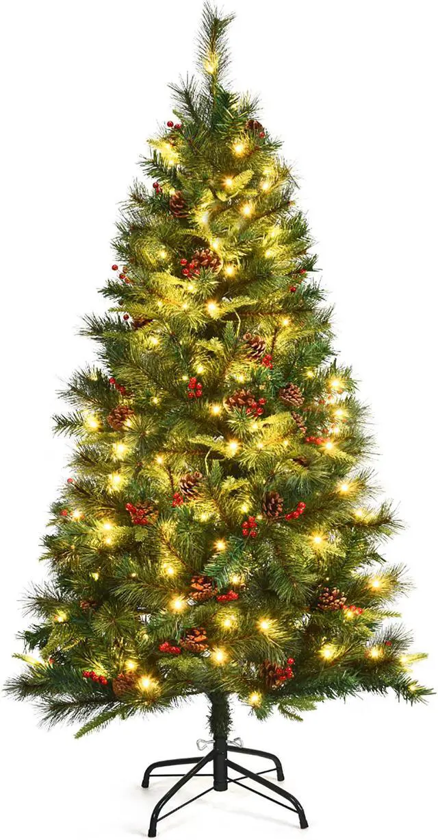 Main image of Costway 5Ft Pre-lit Hinged PE Artificial Christmas Tree w/ 150 LED Lights & Pine Cones