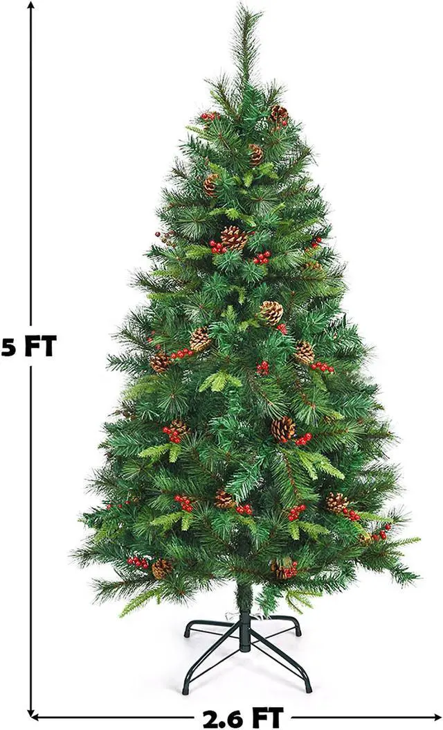 Alt view image 2 of 7 - Costway 5Ft Pre-lit Hinged PE Artificial Christmas Tree w/ 150 LED Lights & Pine Cones