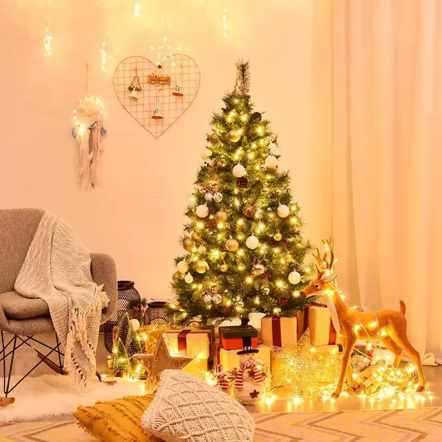 Alt view image 3 of 7 - Costway 5Ft Pre-lit Hinged PE Artificial Christmas Tree w/ 150 LED Lights & Pine Cones