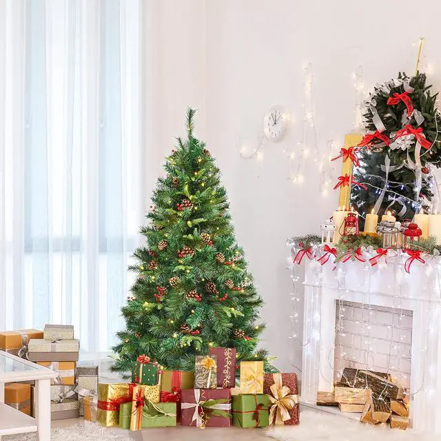 Alt view image 4 of 7 - Costway 5Ft Pre-lit Hinged PE Artificial Christmas Tree w/ 150 LED Lights & Pine Cones