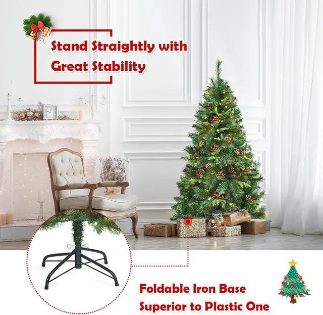 Alt view image 6 of 7 - Costway 5Ft Pre-lit Hinged PE Artificial Christmas Tree w/ 150 LED Lights & Pine Cones