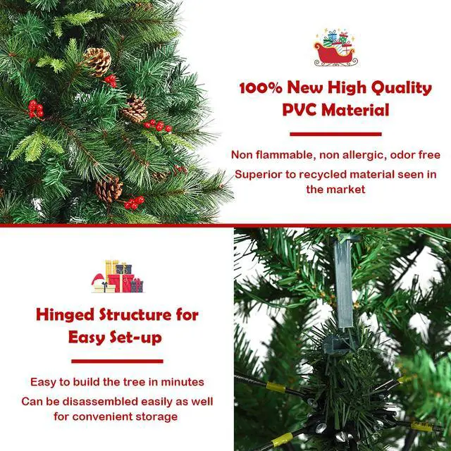 Alt view image 7 of 7 - Costway 5Ft Pre-lit Hinged PE Artificial Christmas Tree w/ 150 LED Lights & Pine Cones