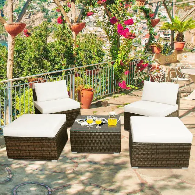 Alt view image 2 of 7 - Costway 5PCS Patio Rattan Wicker Furniture Set Armless Sofa Ottoman Cushioned Garden