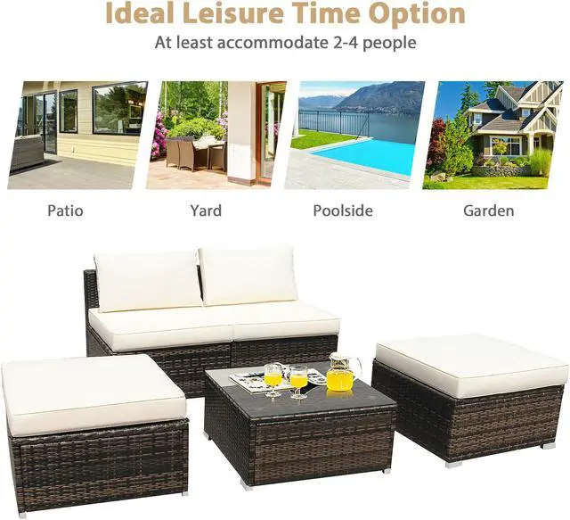 Alt view image 4 of 7 - Costway 5PCS Patio Rattan Wicker Furniture Set Armless Sofa Ottoman Cushioned Garden