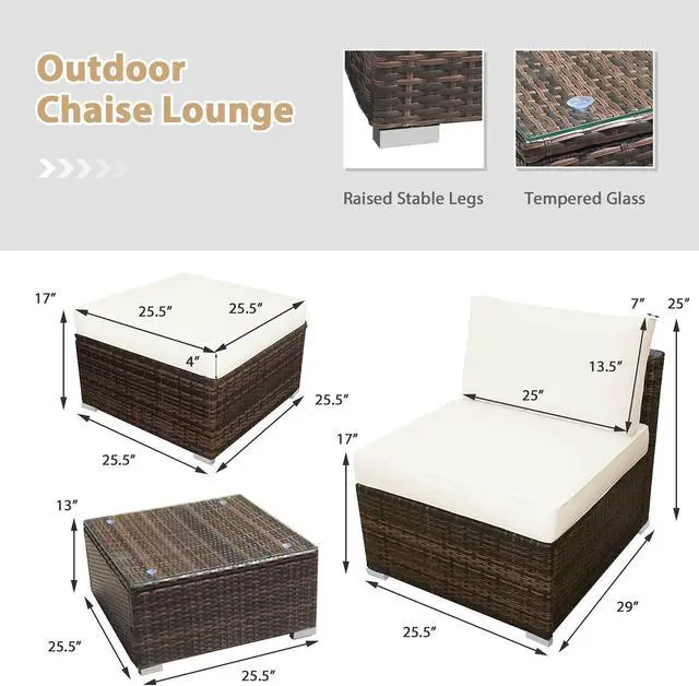 Alt view image 3 of 7 - Costway 5PCS Patio Rattan Wicker Furniture Set Armless Sofa Ottoman Cushioned Garden