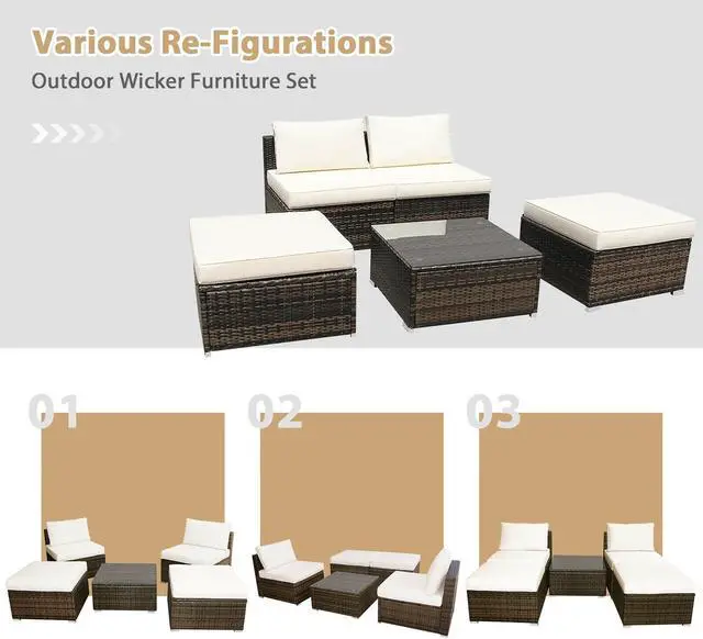 Alt view image 6 of 7 - Costway 5PCS Patio Rattan Wicker Furniture Set Armless Sofa Ottoman Cushioned Garden