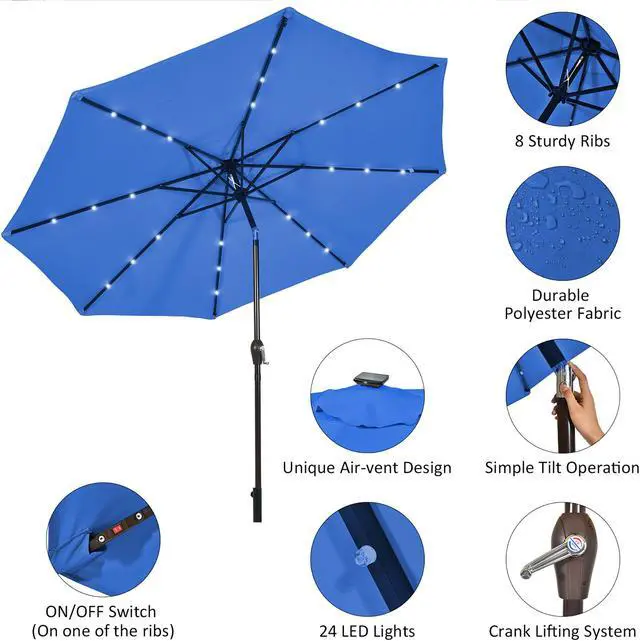 Alt view image 4 of 7 - Costway 10' Solar LED Lighted Patio Market Umbrella Tilt Adjustment Crank Blue