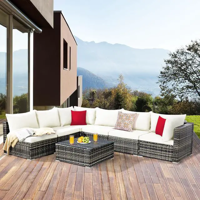 Main image of Costway 7PCS Patio Rattan Furniture Set Sectional Sofa Garden White Cushion