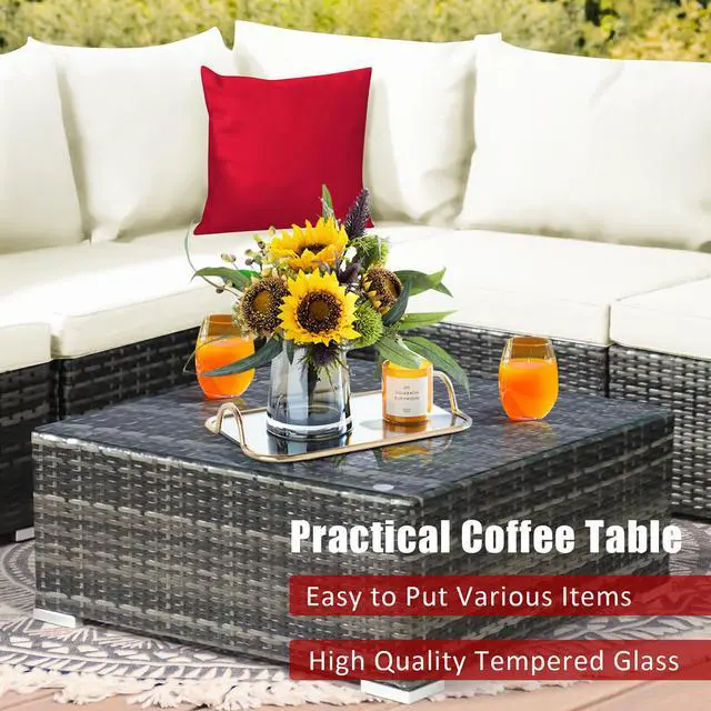 Alt view image 7 of 7 - Costway 7PCS Patio Rattan Furniture Set Sectional Sofa Garden White Cushion