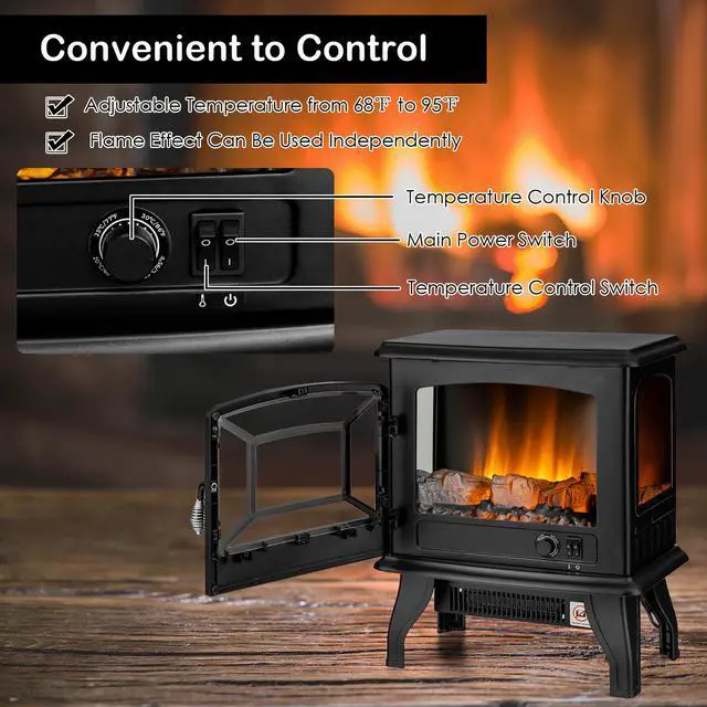 Alt view image 5 of 7 - Costway 20''  Freestanding Electric  Fireplace Heater Stove W/ Thermostat & Flame Effect