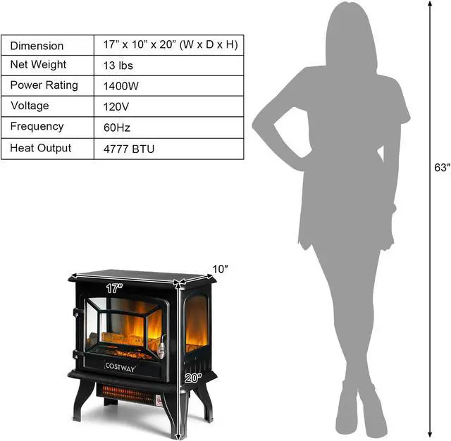Alt view image 4 of 7 - Costway 20''  Freestanding Electric  Fireplace Heater Stove W/ Thermostat & Flame Effect