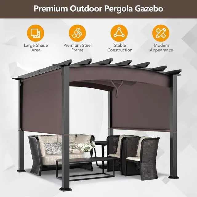 Alt view image 6 of 7 - Costway 10 x 10ft Patio Pergola Gazebo Sun Shade Shelter W/Retractable Canopy