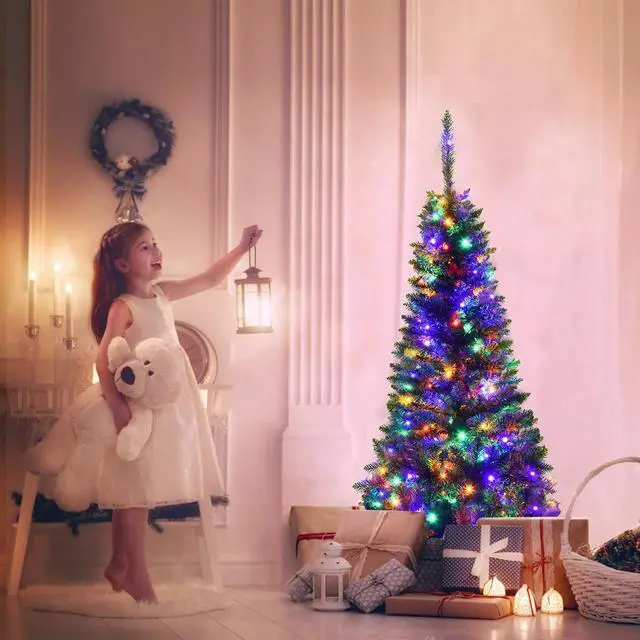Alt view image 6 of 6 - Costway 4.5ft Pre-Lit Hinged Fir Pencil Christmas Tree 150 Multicolor Light