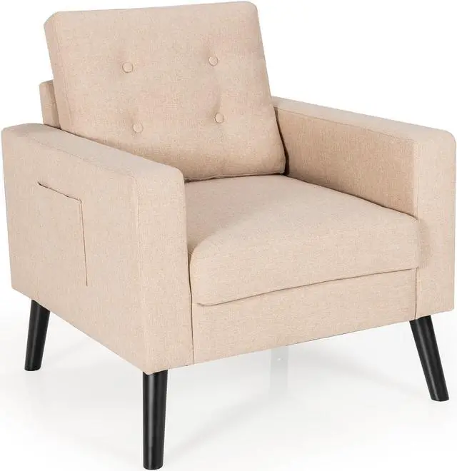Alt view image 2 of 7 - Costway Set of 2 Accent Armchairs Upholstered Single Sofa Chairs w/ 2-Side Pockets Beige