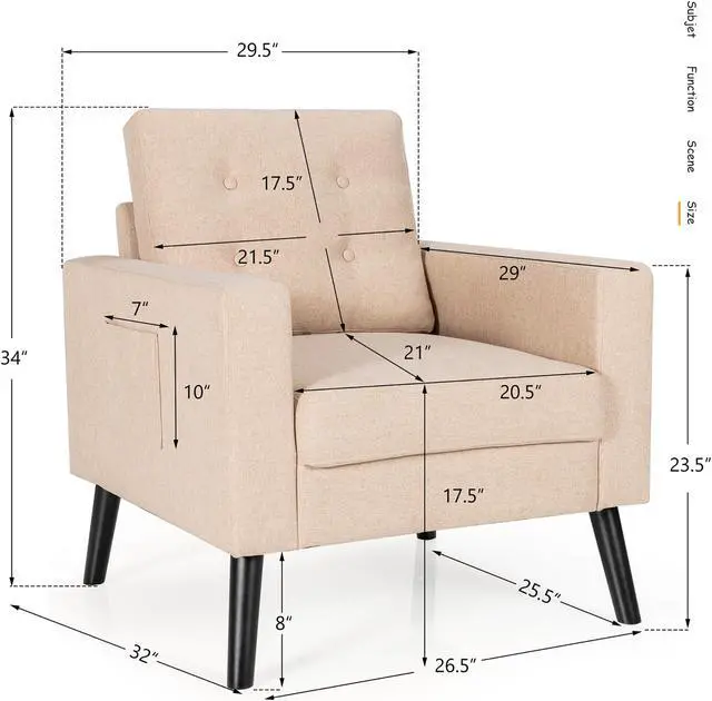 Alt view image 4 of 7 - Costway Set of 2 Accent Armchairs Upholstered Single Sofa Chairs w/ 2-Side Pockets Beige