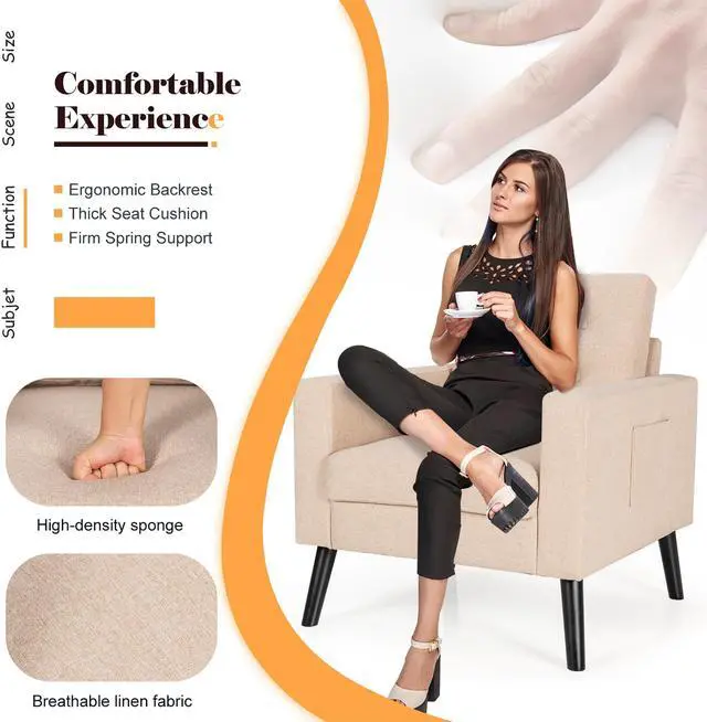 Alt view image 6 of 7 - Costway Set of 2 Accent Armchairs Upholstered Single Sofa Chairs w/ 2-Side Pockets Beige