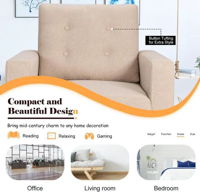 Alt view image 5 of 7 - Costway Set of 2 Accent Armchairs Upholstered Single Sofa Chairs w/ 2-Side Pockets Beige