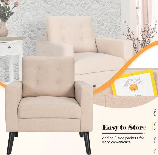 Alt view image 7 of 7 - Costway Set of 2 Accent Armchairs Upholstered Single Sofa Chairs w/ 2-Side Pockets Beige