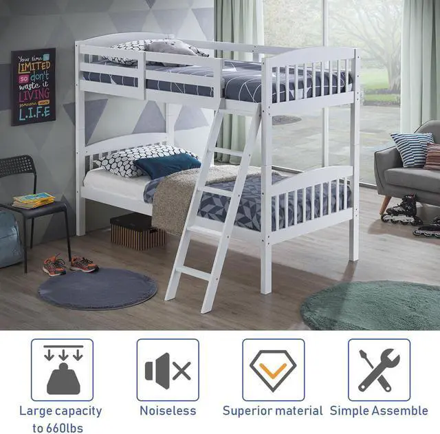 Alt view image 7 of 7 - Wood Hardwood Twin Bunk Beds Convertible into 2 Individual Kid Bed Ladder White