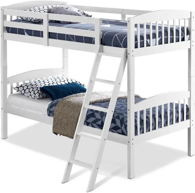 Main image of Wood Hardwood Twin Bunk Beds Convertible into 2 Individual Kid Bed Ladder White