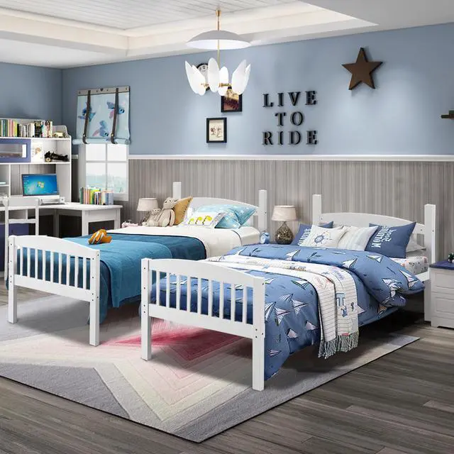 Alt view image 4 of 7 - Wood Hardwood Twin Bunk Beds Convertible into 2 Individual Kid Bed Ladder White
