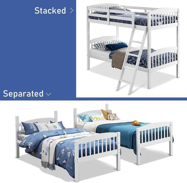 Alt view image 5 of 7 - Wood Hardwood Twin Bunk Beds Convertible into 2 Individual Kid Bed Ladder White