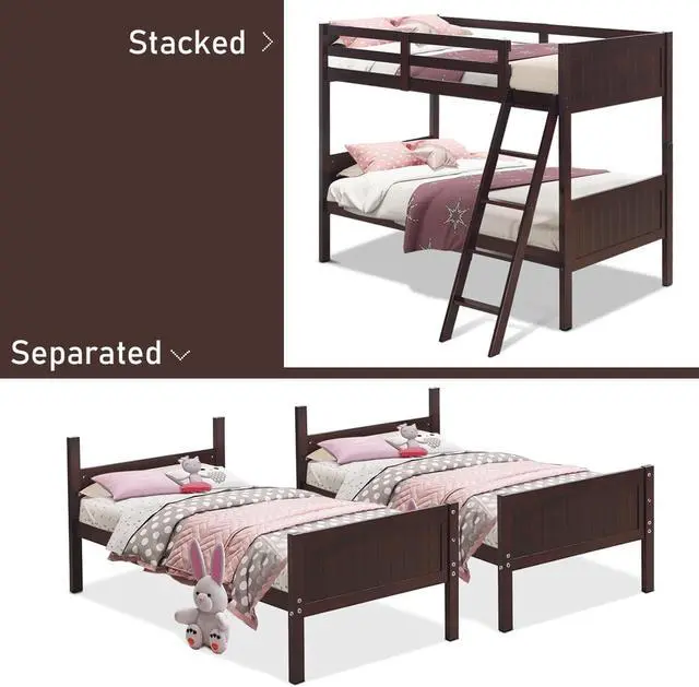 Alt view image 5 of 7 - Wooden Twin Over Twin Bunk Beds Convertible 2 Individual Twin Beds Espresso