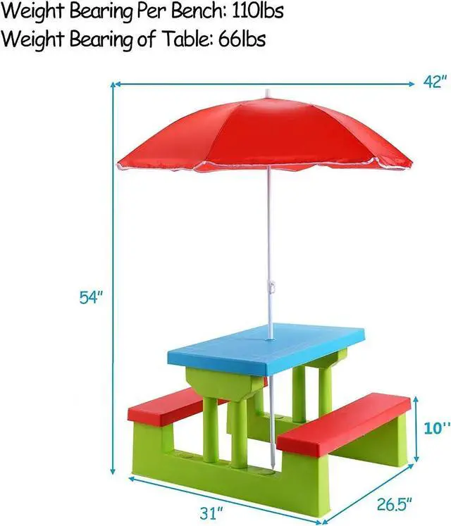 Alt view image 7 of 7 - 4 Seat Kids Picnic Table w/Umbrella Garden Yard Folding Children Bench Outdoor