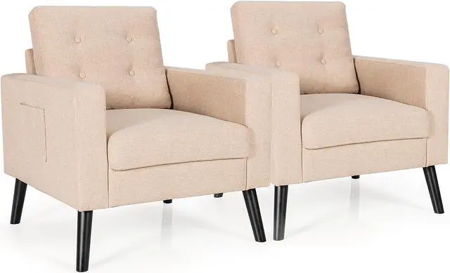 Main image of Costway Set of 2 Accent Armchairs Upholstered Single Sofa Chairs w/ 2-Side Pockets Beige