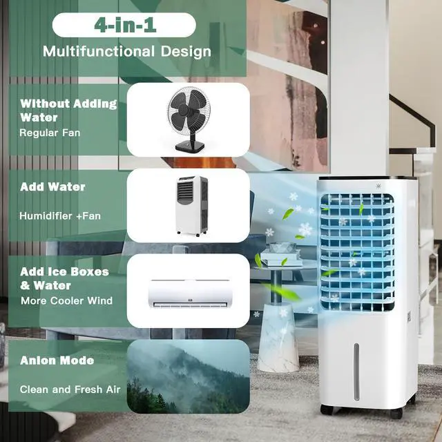 Alt view image 5 of 7 - Costway 4-in-1 Portable Evaporative Air Cooler 12L Water Tank 4 Ice Boxes