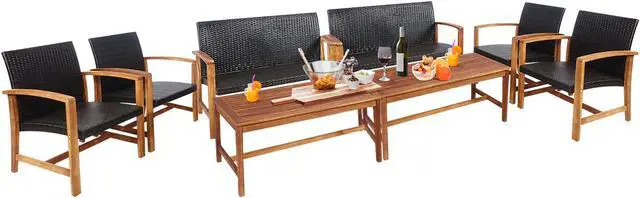 Main image of Costway 8PCS Outdoor Patio Rattan Furniture Set Acacia Wood Frame Sofa Loveseat Garden