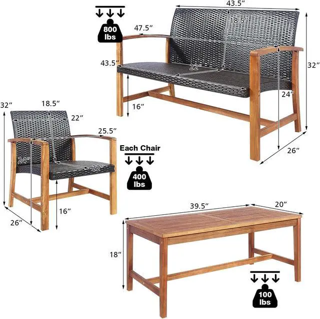 Alt view image 7 of 7 - Costway 8PCS Outdoor Patio Rattan Furniture Set Acacia Wood Frame Sofa Loveseat Garden