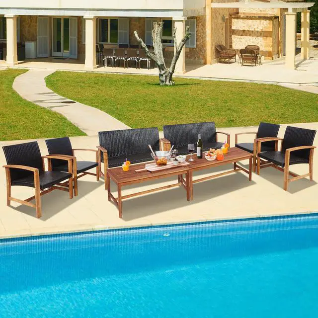 Alt view image 2 of 7 - Costway 8PCS Outdoor Patio Rattan Furniture Set Acacia Wood Frame Sofa Loveseat Garden