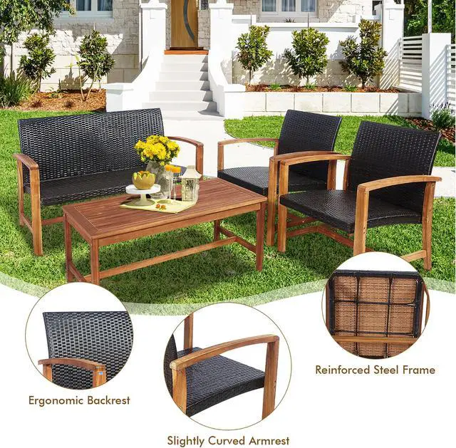 Alt view image 5 of 7 - Costway 8PCS Outdoor Patio Rattan Furniture Set Acacia Wood Frame Sofa Loveseat Garden
