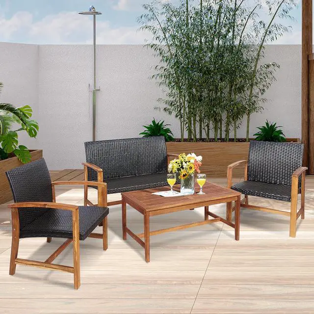 Alt view image 4 of 7 - Costway 8PCS Outdoor Patio Rattan Furniture Set Acacia Wood Frame Sofa Loveseat Garden