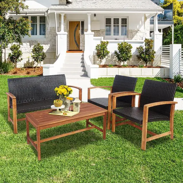 Alt view image 3 of 7 - Costway 8PCS Outdoor Patio Rattan Furniture Set Acacia Wood Frame Sofa Loveseat Garden