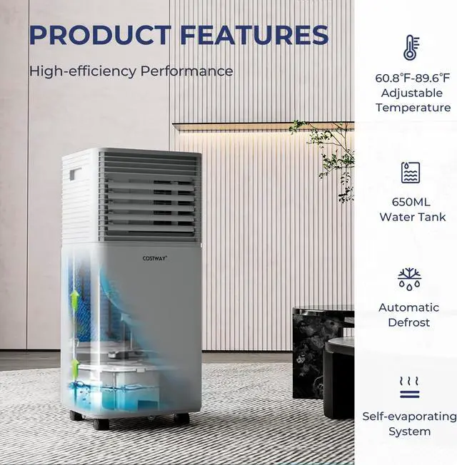 Alt view image 6 of 7 - Costway 6000 BTU (10000 BTU ASHRAE) Portable Air Conditioner 3-in-1 Air Cooler w/Dehumidifier & Fan Mode Gray