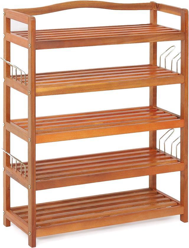 Costway 5-Tier Wood Shoe Rack Solid Acacia Wood Shoe Shelf with Side Metal  Hooks