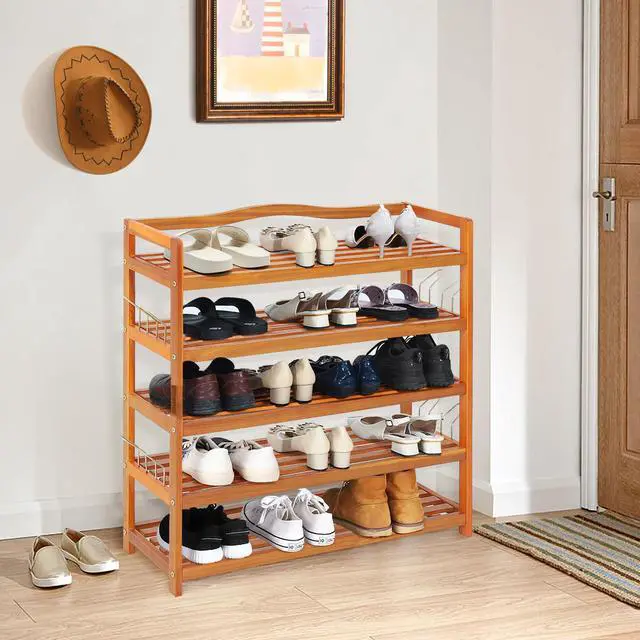 Alt view image 7 of 7 - Costway 5-Tier Wood Shoe Rack Freestanding Large Shoe Storage Organizer Heavy-duty