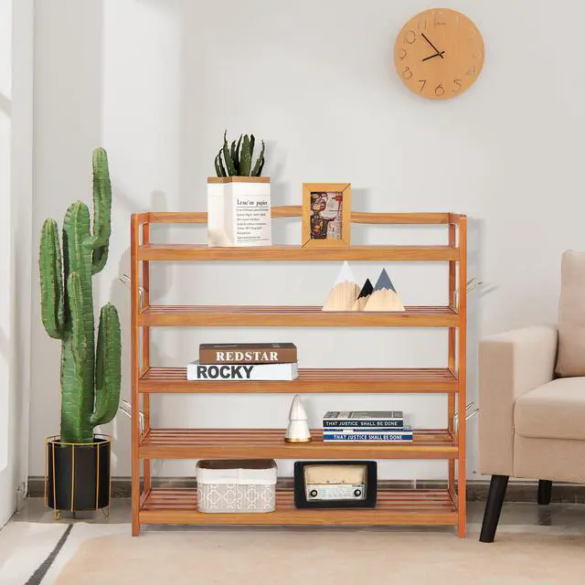 Alt view image 6 of 7 - Costway 5-Tier Wood Shoe Rack Freestanding Large Shoe Storage Organizer Heavy-duty