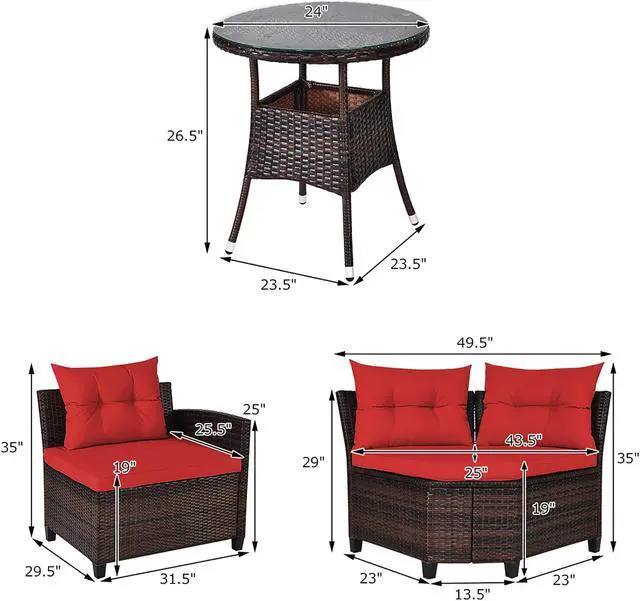 Alt view image 5 of 7 - Costway 4PCS Outdoor Patio Rattan Furniture Set Cushioned Sofa Table Red