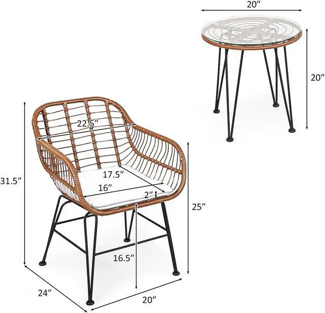 Alt view image 5 of 7 - Costway 3PCS Patio Rattan Bistro Set Table Armchair Garden Turquoise Cushion